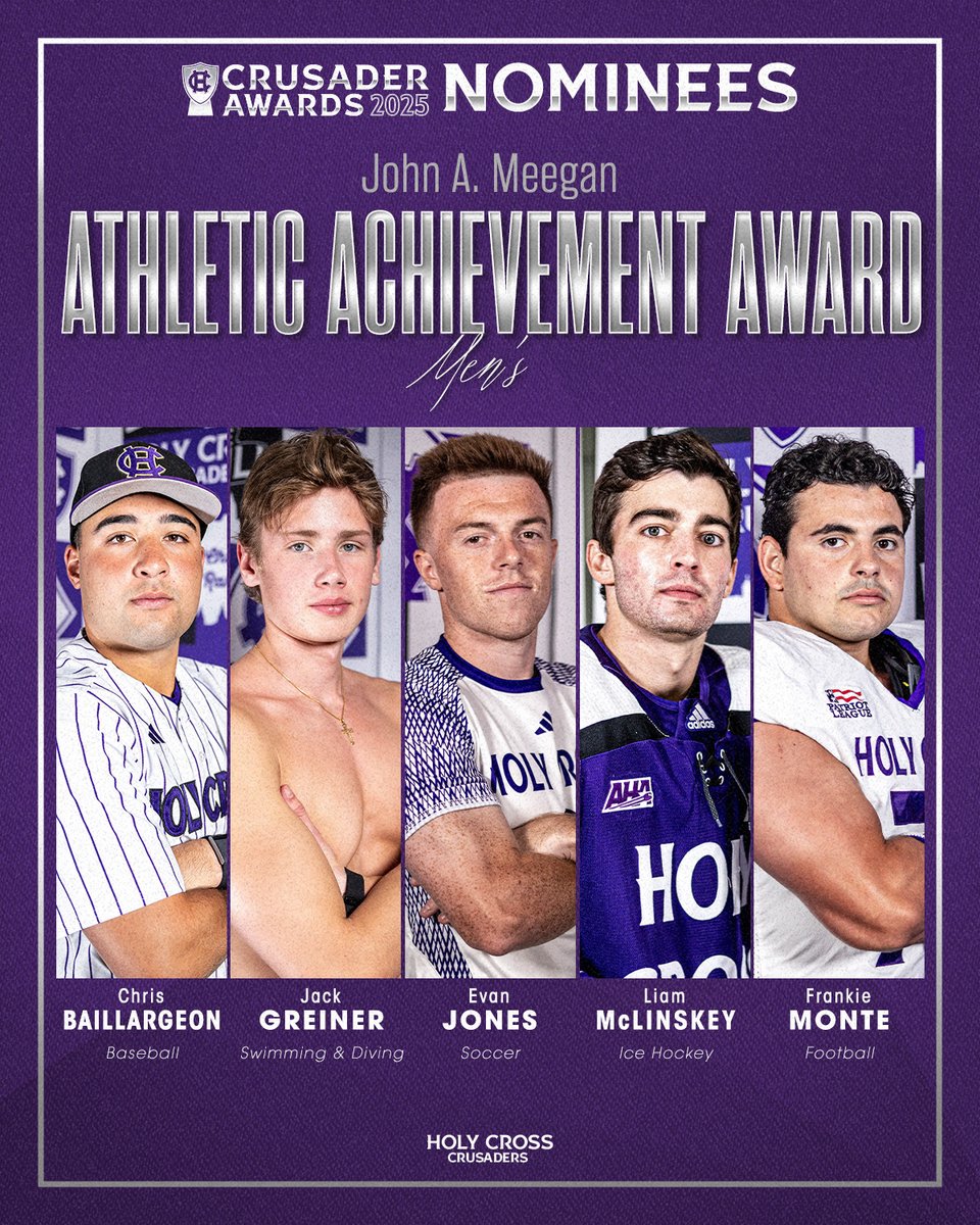 Holy Cross Athletics (@goholycross) on Twitter photo <a href="/HCrossWBB/">Holy Cross Women's Basketball</a> <a href="/HCrossTFXC/">Holy Cross T&F & XC</a> <a href="/HCrossWHockey/">Holy Cross Women's Hockey</a> <a href="/HCrossFH/">Holy Cross FH</a> <a href="/HCrossWRowing/">Holy Cross W. Rowing</a> <a href="/HCrossFB/">Holy Cross Football</a> <a href="/HCrossMTennis/">Holy Cross Men's Tennis</a> <a href="/HCrossBaseball/">Holy Cross Baseball</a> <a href="/HCrossMHockey/">Holy Cross M. Hockey</a> <a href="/HCrossWLAX/">Holy Cross Women's Lacrosse</a> <a href="/HCrossMGolf/">Holy Cross Menโs Golf</a> <a href="/HCrossWSoccer/">Holy Cross W. Soccer</a> <a href="/HCrossMLAX/">Holy Cross Men's Lacrosse</a> <a href="/HCrossVB/">Holy Cross Volleyball</a> <a href="/HCrossMRowing/">Holy Cross M. Rowing</a> <a href="/HCrossMSoccer/">Holy Cross Men's Soccer</a> <a href="/HCrossMBB/">Holy Cross Men's Basketball</a> <a href="/HCrossSwimDive/">Holy Cross Swim&Dive</a> The finalists for the men's John A. Meegan Athletic Achievement Award are:
โ Chris Baillargeon, <a href="/HCrossBaseball/">Holy Cross Baseball</a>
โ Jack Greiner, <a href="/HCrossSwimDive/">Holy Cross Swim&Dive</a>
โ Evan Jones, <a href="/HCrossMSoccer/">Holy Cross Men's Soccer</a>
โ Liam McLinskey, <a href="/HCrossMHockey/">Holy Cross M. Hockey</a>
โ Frankie Monte, <a href="/HCrossFB/">Holy Cross Football</a>
#GoCrossGo <a href="/HCrossWBB/">Holy Cross Women's Basketball</a> <a href="/HCrossTFXC/">Holy Cross T&F & XC</a> <a href="/HCrossWHockey/">Holy Cross Women's Hockey</a> <a href="/HCrossFH/">Holy Cross FH</a> <a href="/HCrossWRowing/">Holy Cross W. Rowing</a> <a href="/HCrossFB/">Holy Cross Football</a> <a href="/HCrossMTennis/">Holy Cross Men's Tennis</a> <a href="/HCrossBaseball/">Holy Cross Baseball</a> <a href="/HCrossMHockey/">Holy Cross M. Hockey</a> <a href="/HCrossWLAX/">Holy Cross Women's Lacrosse</a> <a href="/HCrossMGolf/">Holy Cross Menโs Golf</a> <a href="/HCrossWSoccer/">Holy Cross W. Soccer</a> <a href="/HCrossMLAX/">Holy Cross Men's Lacrosse</a> <a href="/HCrossVB/">Holy Cross Volleyball</a> <a href="/HCrossMRowing/">Holy Cross M. Rowing</a> <a href="/HCrossMSoccer/">Holy Cross Men's Soccer</a> <a href="/HCrossMBB/">Holy Cross Men's Basketball</a> <a href="/HCrossSwimDive/">Holy Cross Swim&Dive</a> The finalists for the men's John A. Meegan Athletic Achievement Award are:
โ Chris Baillargeon, <a href="/HCrossBaseball/">Holy Cross Baseball</a>
โ Jack Greiner, <a href="/HCrossSwimDive/">Holy Cross Swim&Dive</a>
โ Evan Jones, <a href="/HCrossMSoccer/">Holy Cross Men's Soccer</a>
โ Liam McLinskey, <a href="/HCrossMHockey/">Holy Cross M. Hockey</a>
โ Frankie Monte, <a href="/HCrossFB/">Holy Cross Football</a>
#GoCrossGo