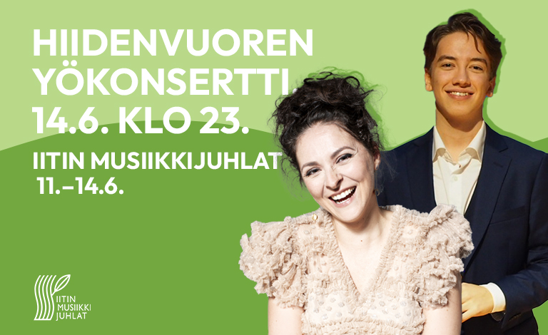 Tänäkin vuonna musiikkijuhlat huipentuvat perinteiseen yökonserttiin Hiidenvuoren upeissa maisemissa auringonlaskun saattelemana.

Esiintymässä sopraano Olga Heikkilä, baritoni Gabriel Kivivuori Sereno sekä pianisti Juhani Lagerspetz.

Hiidenvuoren yökonsertti 14.6. klo 23.