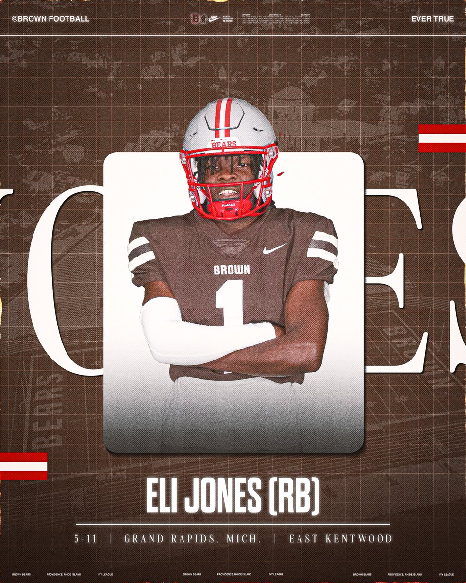 Brown Bears Football (@brownu_football) on Twitter photo Welcome to College Hill Eli Jones‼️
📱 <a href="/elijah2jones/">Elijah Jones</a>
🏈 RB
🎓 East Kentwood HS
🏡 Grand Rapids, Mich.
#EverTrue Welcome to College Hill Eli Jones‼️
📱 <a href="/elijah2jones/">Elijah Jones</a>
🏈 RB
🎓 East Kentwood HS
🏡 Grand Rapids, Mich.
#EverTrue