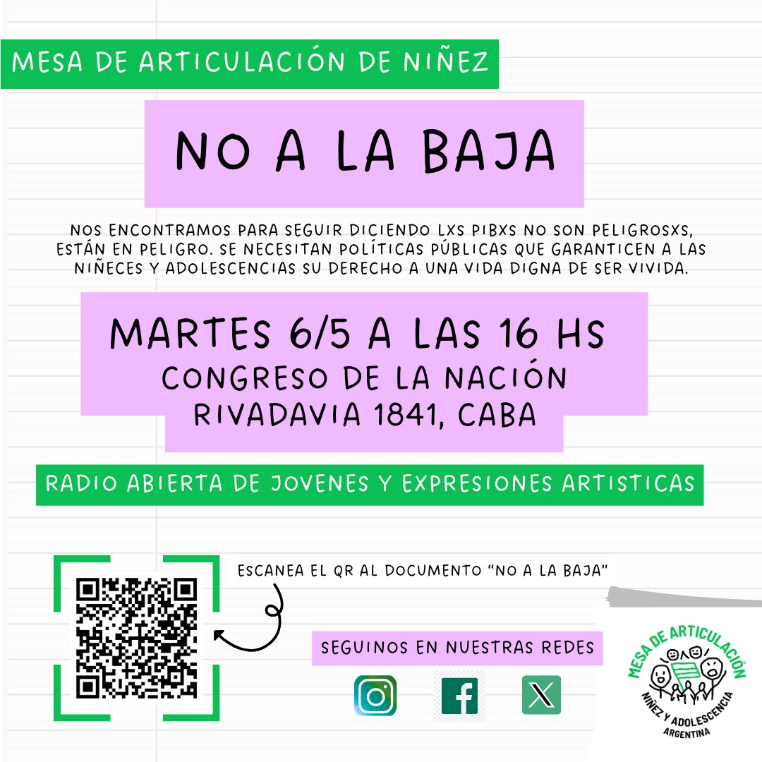 Mañana martes 6 a las 16hs volvemos a encontrarnos en el Congreso para decir que la baja de edad de punibilidad no es la solución. 
Por más políticas sociales, por más derechos para todos los pibes y las pibas.
#ArgentinaNoBaja
#NoALaBaja