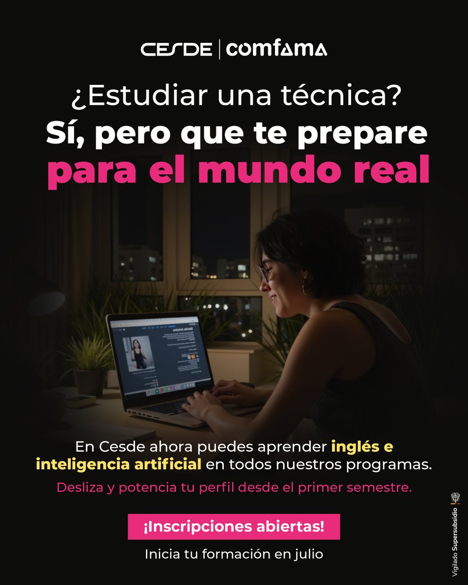 Estudia una técnica y conéctate con tu futuro desde ya. 
En Cesde te formas con IA, inglés y +50 cursos en Platzi 🚀
📅 Matrículas abiertas hasta el 1 de julio
📲 Escríbenos al WA.me/573108817325 e inscríbete ahora