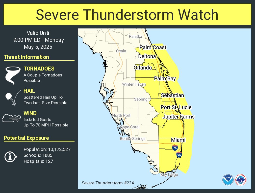A severe thunderstorm watch has been issued for parts of Florida until 9 PM EDT