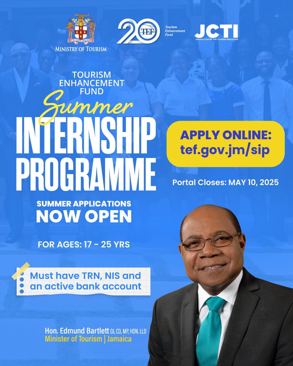 Kickstart your career this summer!
Applications are now open for the TEF Summer Internship Programme — a chance for students aged 17–25 to gain hands-on experience in the tourism sector.

Apply by May 10, 2025 at tef.gov.jm/sip
TRN, NIS &amp; an active bank account required.