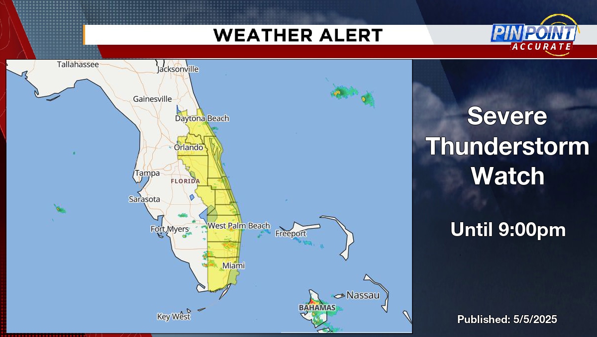 Severe Thunderstorm Watch for Brevard, Orange, Osceola, Seminole and Volusia County until 9:00pm. #flwx