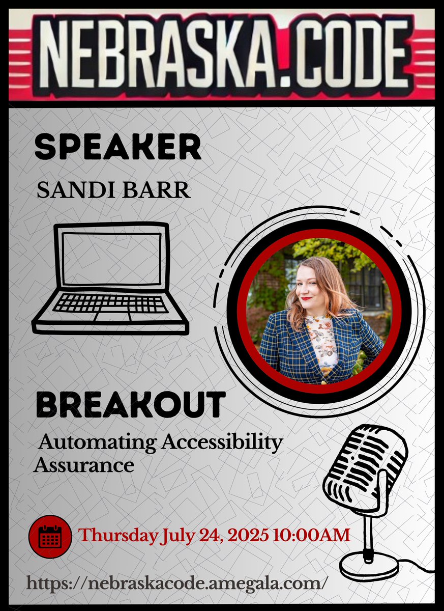 Sandi Barr is 'Automating Accessibility Assurance' July 24th at Nebraska.Code().

nebraskacode.amegala.com

#Automated #AccessibilityTesting #ESLint #UnitTests #TestingLibrary #AssistiveDevices #TechConference #ContinuousIntegration #Nebraska <a href="/nebraskaATP/">NE ATP</a> <a href="/nebraskagov/">State of Nebraska | Living+</a>