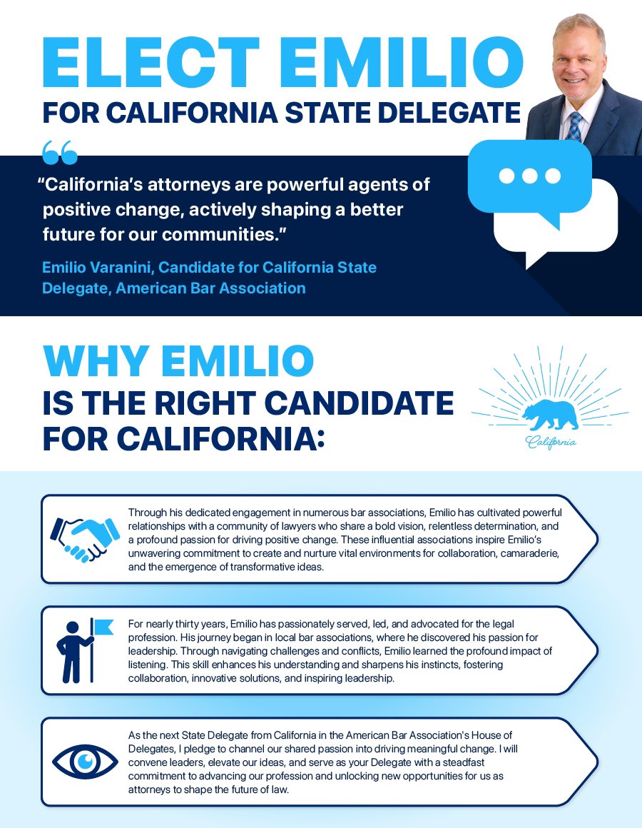 EEVaranini's tweet photo. Today's the final day for #AmericanBarAssociation members in California to vote for ABA State Delegate. If you don’t have a ballot, please email Christopher.Corbett@americanbar.org, providing your name, your member number, and your email address. You have until 3:00 pm today! https://t.co/DZLsN7hpve