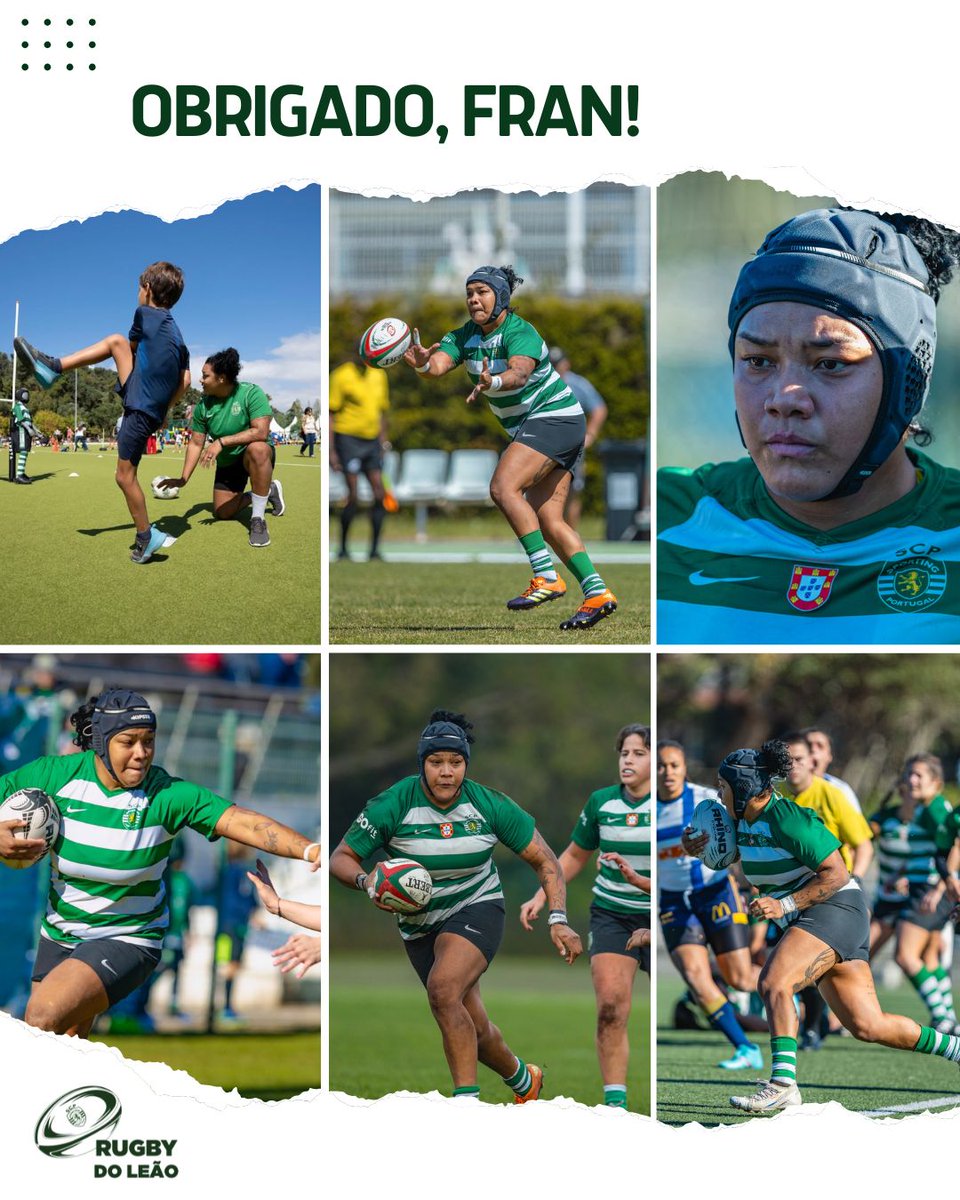 OBRIGADO, FRAN! 💚🏉

Chegou ao fim o capítulo da Fran com a nossa camisola.  Uma verdadeira Leoa em campo e fora dele, com uma entrega e paixão que marcaram quem teve o privilégio de a ver jogar.
Boa sorte, Fran. Portugal e o Sporting Rugby ficam-te eternamente gratos.