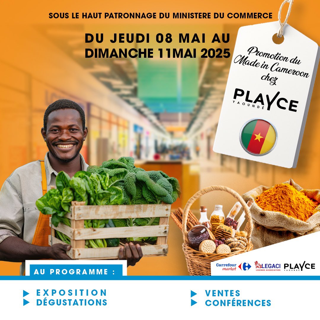 🌟Le Made in Cameroon à l'honneur🇨🇲 

🔸 Expositions
🔸 Dégustations
🔸 Ventes
🔸 Visite du Ministre du commerce
🔸 Partage de producteurs désormais référencés à Carrefour Market Cameroun🇨🇲 

📍 Lieu : PLAYCE Yaoundé

Célébrons le savoir-faire camerounais ! 🌍🔥

#MadeinCameroon