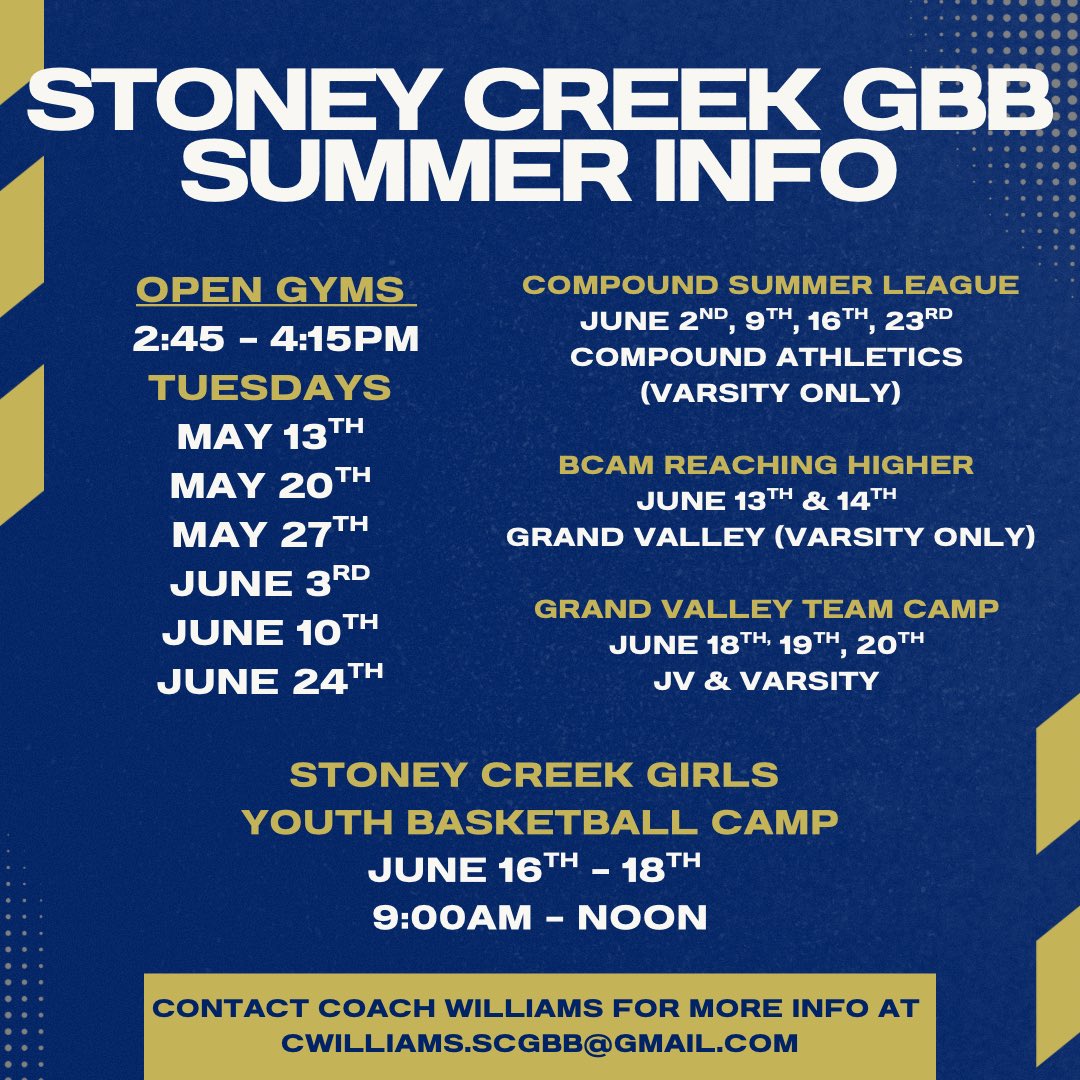 StoneyCreekGBB (@stoneycreekwbb) on Twitter photo 🚨Calling all girls incoming freshman to 12 grade interested in playing basketball at The Creek next season, here is our summer schedule. #WeAreSC #Sisterhood <a href="/coach_lumbo/">Coach Lumbo</a> <a href="/BK2THEFULLEST/">Brandon Karas</a> <a href="/joeytocco3/">Joey Tocco</a> <a href="/Devbuckets/">Devin Goodwyn</a> <a href="/CoachKluzak/">Jason Kluzak</a> <a href="/MichHSBball/">Mich HS Bball</a> 🚨Calling all girls incoming freshman to 12 grade interested in playing basketball at The Creek next season, here is our summer schedule. #WeAreSC #Sisterhood <a href="/coach_lumbo/">Coach Lumbo</a> <a href="/BK2THEFULLEST/">Brandon Karas</a> <a href="/joeytocco3/">Joey Tocco</a> <a href="/Devbuckets/">Devin Goodwyn</a> <a href="/CoachKluzak/">Jason Kluzak</a> <a href="/MichHSBball/">Mich HS Bball</a>