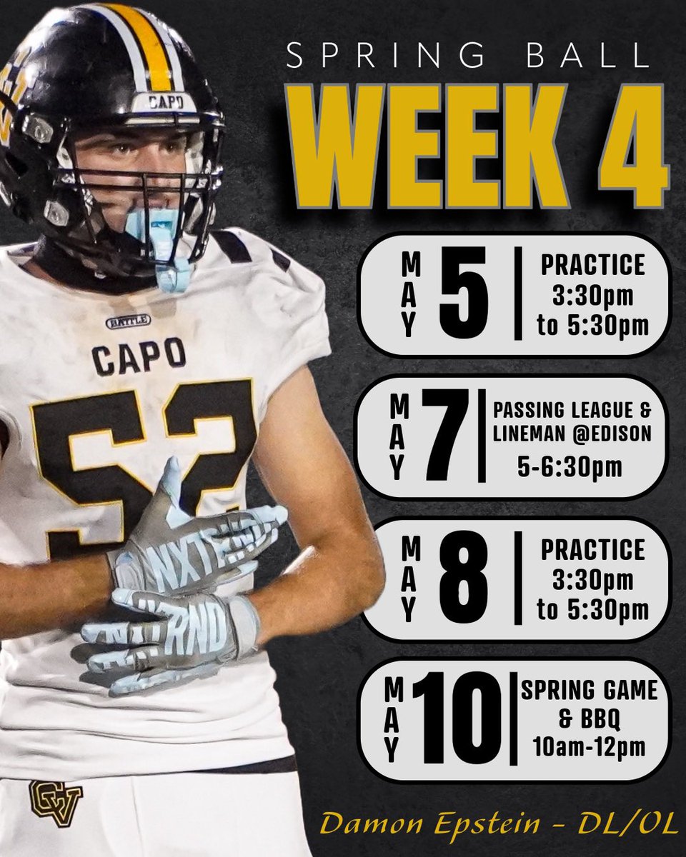 Spring Ball Week 4 - Embrace the grind!

💥SPRING SPOTLIGHT💥
Damon Epstein 
DL / OL 
Class of 2026
6’3 / 210 lbs
3.2 GPA
2nd Team All Delta League
<a href="/DamonEpsteinn/">Damon Epstein</a> 

#WeAreCV 🐯🌴