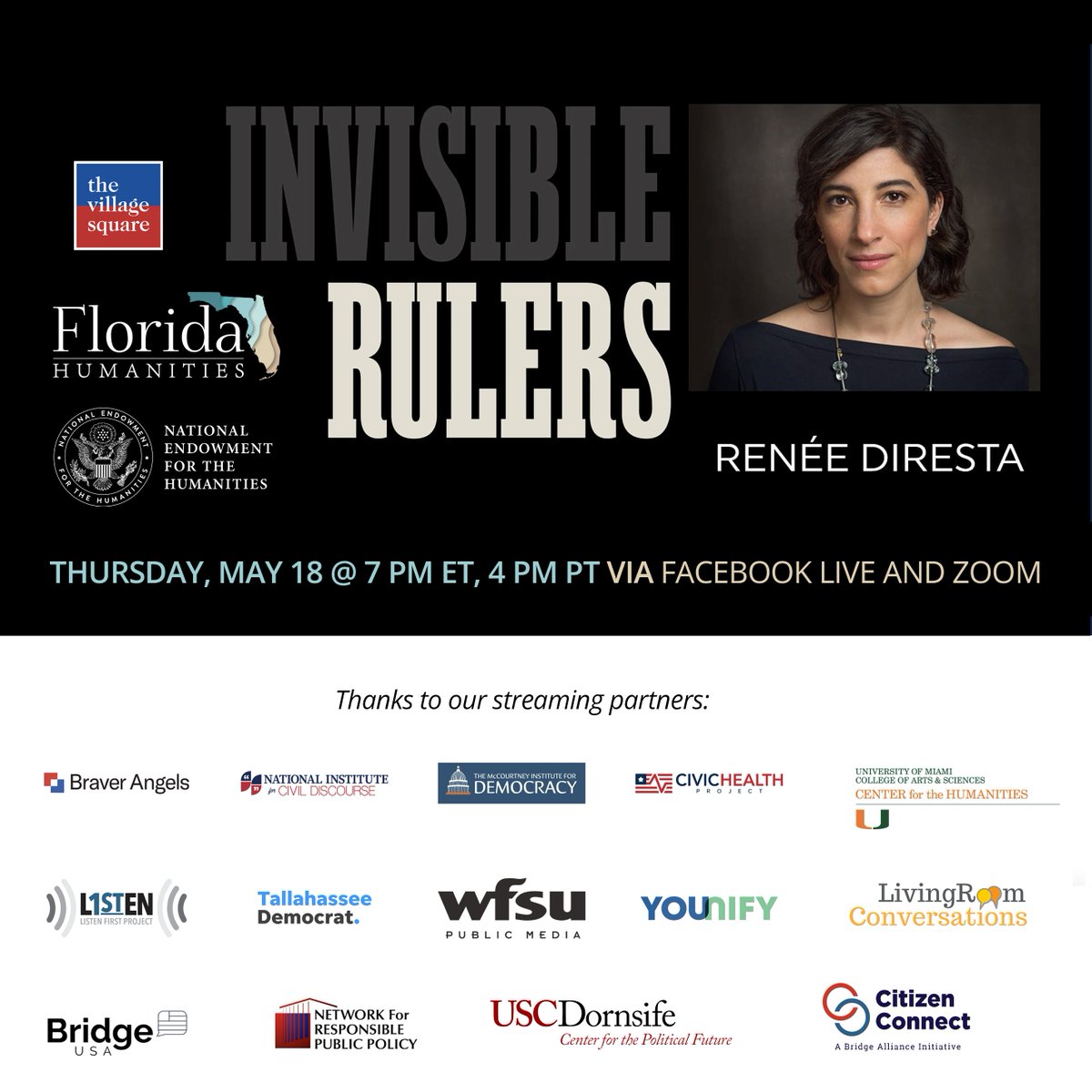 The Village Square (@villagesquareus) on Twitter photo We hope you'll join us this Thurs night at 7pm ET, 4pm PT for "Invisible Rulers," with special guest Renee DiResta about the powerful forces of online manipulation driving so many real world outcomes. More info/register: villagesquare.us/event/invisibl…
Made possible by <a href="/FlHumanities/">Florida Humanities</a>. We hope you'll join us this Thurs night at 7pm ET, 4pm PT for "Invisible Rulers," with special guest Renee DiResta about the powerful forces of online manipulation driving so many real world outcomes. More info/register: villagesquare.us/event/invisibl…
Made possible by <a href="/FlHumanities/">Florida Humanities</a>.