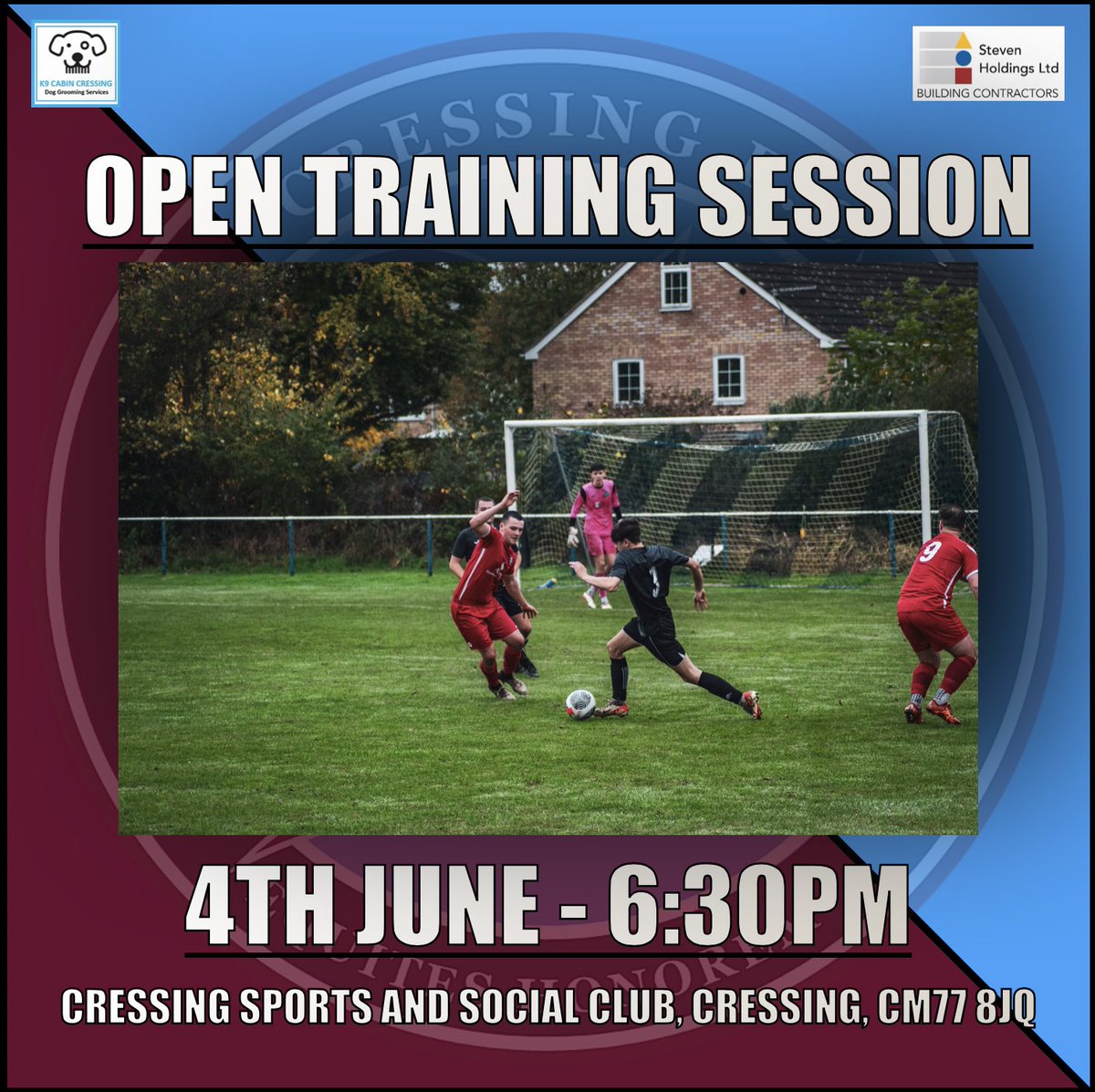 CressingFC's tweet image. Cressing FC are holding an open training session 4th June.

This will be at our home ground.

Please get in contact with us via our socials or email management@cressingfc.co.uk if you want to get involved.

Up the Cressing! ⚽️

#CressingFC
#K9CabinCressing
#StevenHoldingsLTD
#UTC