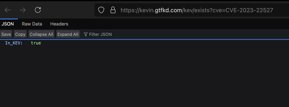 synfinner's tweet image. one of our most popular KEVin endpoints is the 'exists' endpoint. This allows you to see if a CVE is in the @CISACyber KEV Catalog.
Ex: kevin.gtfkd.com/kev/exists?cve…
