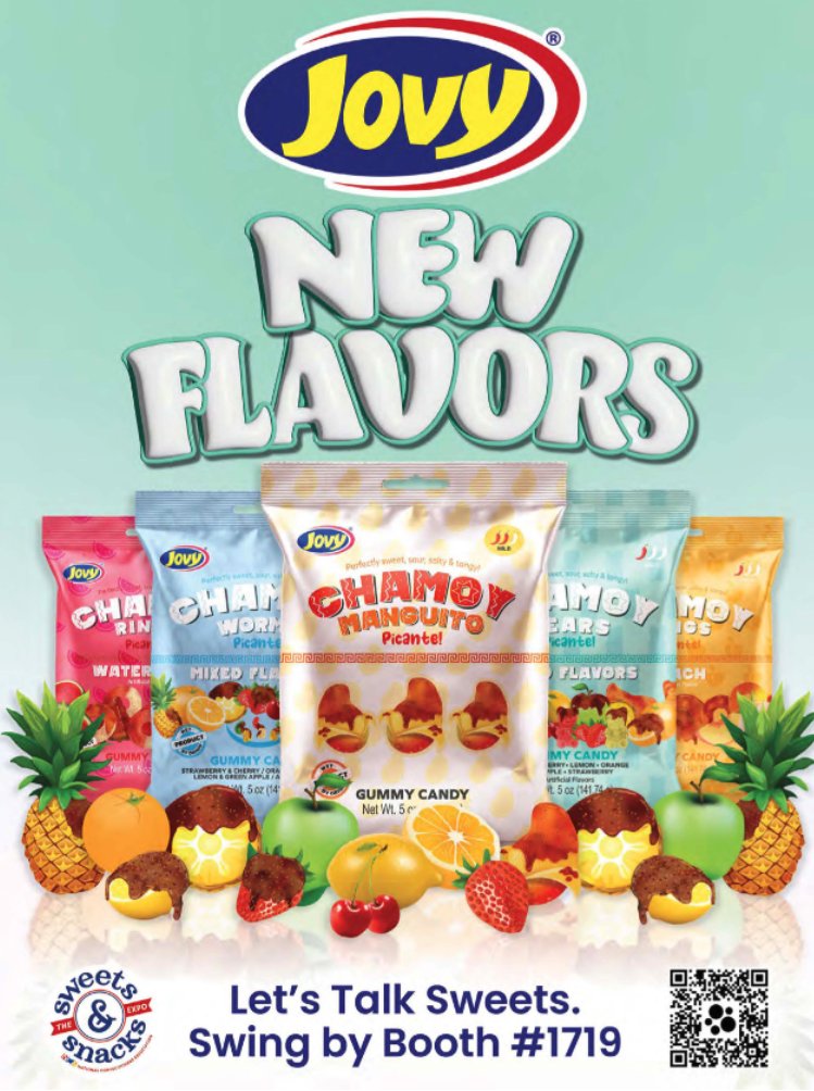 abasto's tweet photo. @JovyUsa: Confectionery with a Global Flavor. 🍭🥭✨

With decades of experience, Jovy USA stands out as a leading confectionery manufacturer, offering a diverse portfolio that includes gummies, hard candies, lollipops, and chili-infused treats—crafted to delight consumers across international markets.

➡️ Visit them at the @SWEETSandSNACKS, booth #1719

#NewFlavors #Chamoy @CandyUSA #SpecialInsert