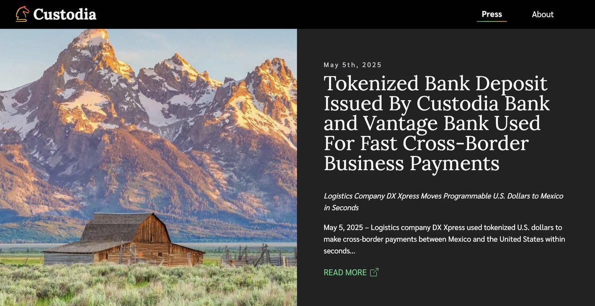 custodiabank's tweet image. MILESTONE ACHIEVED: Mexico-based trucking company DX Xpress used #Avits to move US dollars cross-border within seconds & for pennies, achieving something not possible with incumbent USD payment systems. @Vantage_Bank & @custodiabank teamed up again. More👇
custodiabank.com/press/tokenize…