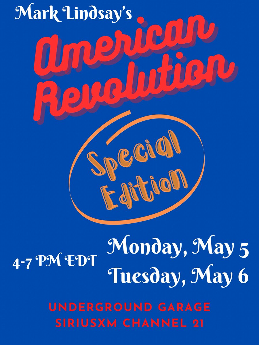 🎷 Mark Lindsay 🇺🇦 (@marklindsay) on Twitter photo Tune in from 3-6pm EDT for a special THREE hour edition of my American Revolution Radio Show - Monday AND Tuesday - in <a href="/littlesteven_ug/">Little Steven's Underground Garage</a> on <a href="/SiriusXM/">SiriusXM</a> Channel 21 as I fill in for <a href="/DelranPalmyra/">PalmyraDelran</a>, who’s off getting some R’n’R! And I’m throwing out the rule book and playing The Tune in from 3-6pm EDT for a special THREE hour edition of my American Revolution Radio Show - Monday AND Tuesday - in <a href="/littlesteven_ug/">Little Steven's Underground Garage</a> on <a href="/SiriusXM/">SiriusXM</a> Channel 21 as I fill in for <a href="/DelranPalmyra/">PalmyraDelran</a>, who’s off getting some R’n’R! And I’m throwing out the rule book and playing The