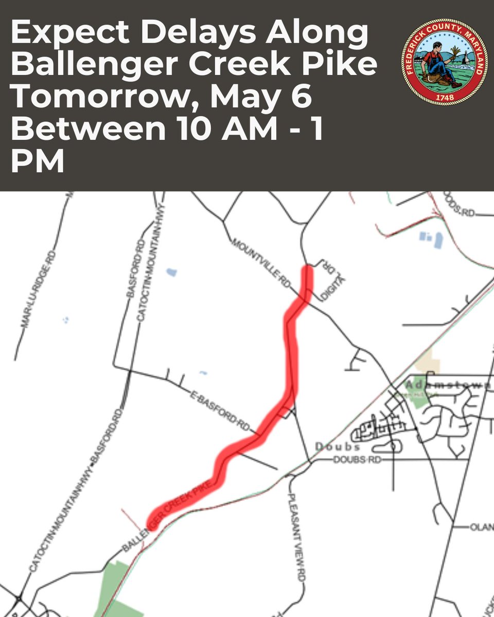 The Division of Public Works announced today that an oversize, overweight load is scheduled to be hauled along Ballenger Creek Pike between the hours of 10:00 a.m. and 1:00 p.m. on Tuesday, May 6, 2025.  This activity has the potential to create delays for local travelers.