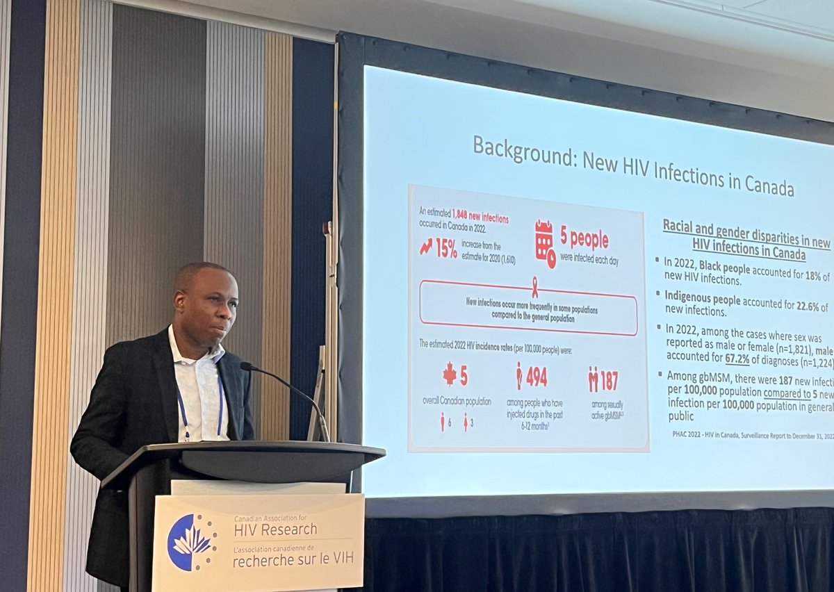 Dr. Wale Ajiboye, an implementation scientist with REACH Nexus at MAP Centre for Urban Health Solutions Unity Health Toronto, gives an important talk at #CAHR2025 in Halifax about the urgent need to improve the uptake &amp; awareness of PrEP among Black and Indigenous men in Canada.
