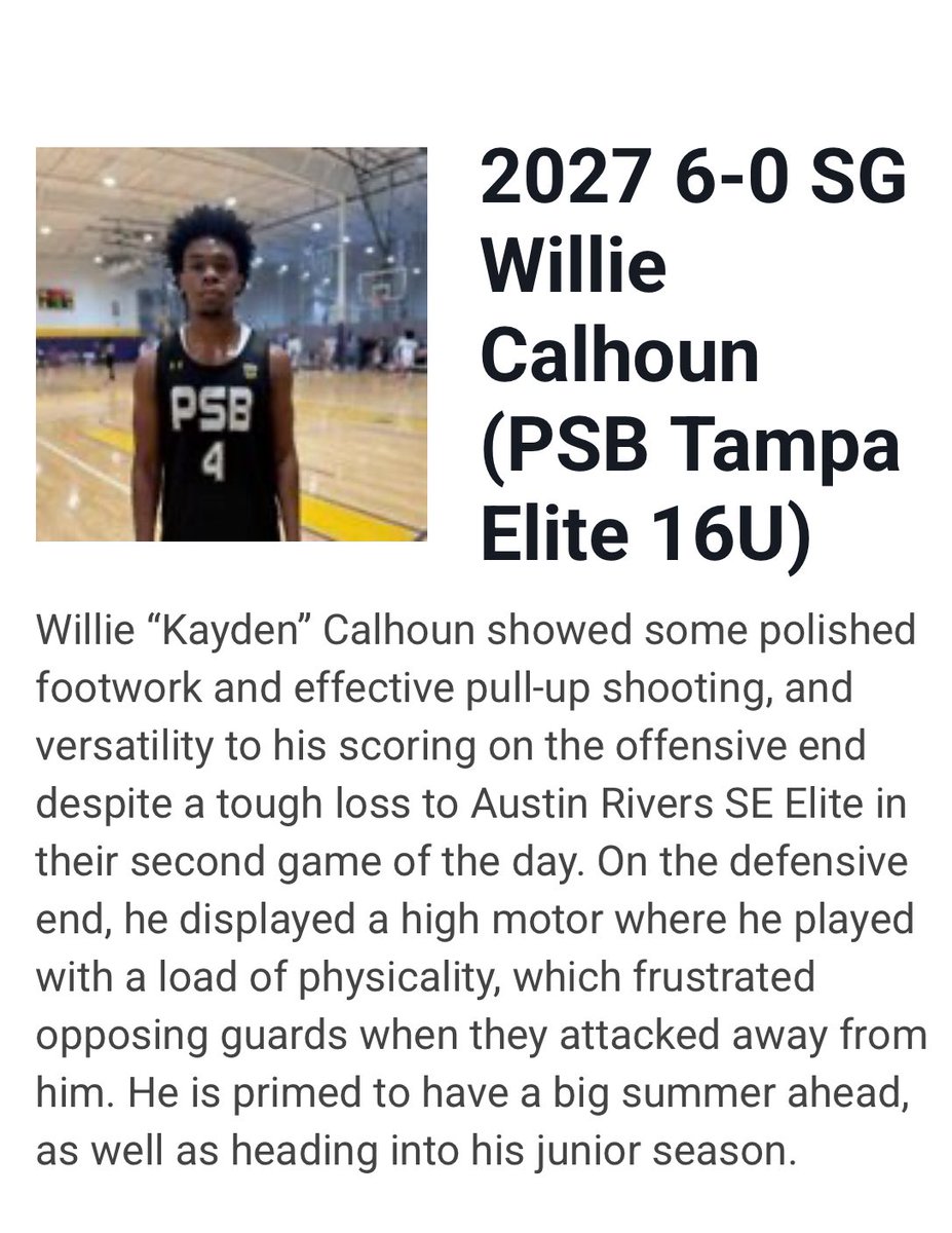 Rodney Robinson (@coachrod352) on Twitter photo My guy <a href="/WillieKayden27/">Kayden_.calhoun2027</a> had a very successful weekend <a href="/OntheRadarHoops/">Shun Williams</a> Battle at the Beach. Very efficient on the offensive side of the ball getting to his spots comfortably, while leading the team with poise and patience. Player to lookout this spring/summer.
<a href="/PSBTampaBay/">Pro Skills Tampa</a> My guy <a href="/WillieKayden27/">Kayden_.calhoun2027</a> had a very successful weekend <a href="/OntheRadarHoops/">Shun Williams</a> Battle at the Beach. Very efficient on the offensive side of the ball getting to his spots comfortably, while leading the team with poise and patience. Player to lookout this spring/summer.
<a href="/PSBTampaBay/">Pro Skills Tampa</a>