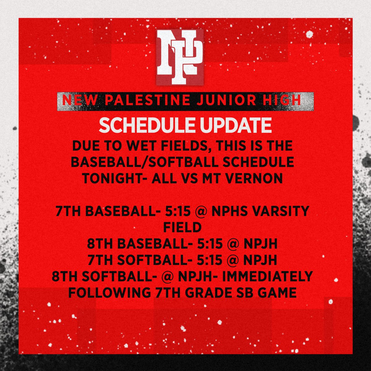 New Palestine JH Athletics (@dragonsnpjh) on Twitter photo Schedule update for tonight's baseball/softball games. Tennis & Track are still as scheduled @ NPJH
<a href="/AmonesNPJH/">NPJH Assistant Principal</a> <a href="/jessicaneill/">Jessica Neill</a> <a href="/NewPalCS/">New Palestine Community Schools</a> Schedule update for tonight's baseball/softball games. Tennis & Track are still as scheduled @ NPJH
<a href="/AmonesNPJH/">NPJH Assistant Principal</a> <a href="/jessicaneill/">Jessica Neill</a> <a href="/NewPalCS/">New Palestine Community Schools</a>