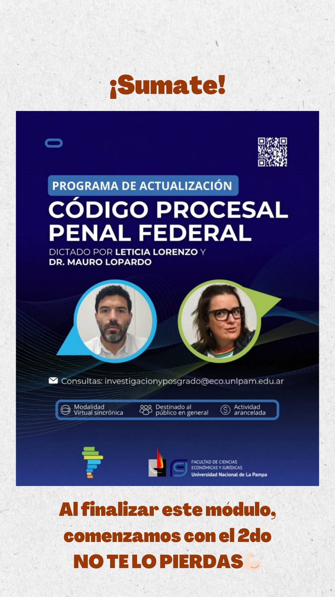 Hoy tenemos la última clase del módulo 1.
¿Sabías que podes hacer el módulo 2 sin haber cursado el 1?
Desde el lunes que viene, clases dedicadas al juicio oral en el CPPF.
Para más info: investigacion@eco.unlpam.edu.ar