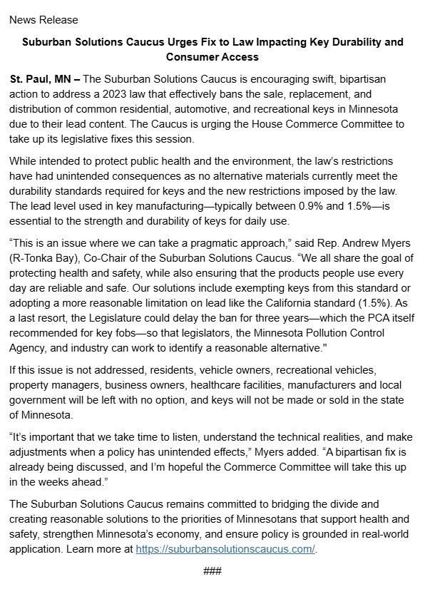MyersVote's tweet image. The Suburban Solutions Caucus is working on common-sense solutions to fix legislation from 2023 that will essentially halt the manufacturing and sale of keys in MN. Read more below: