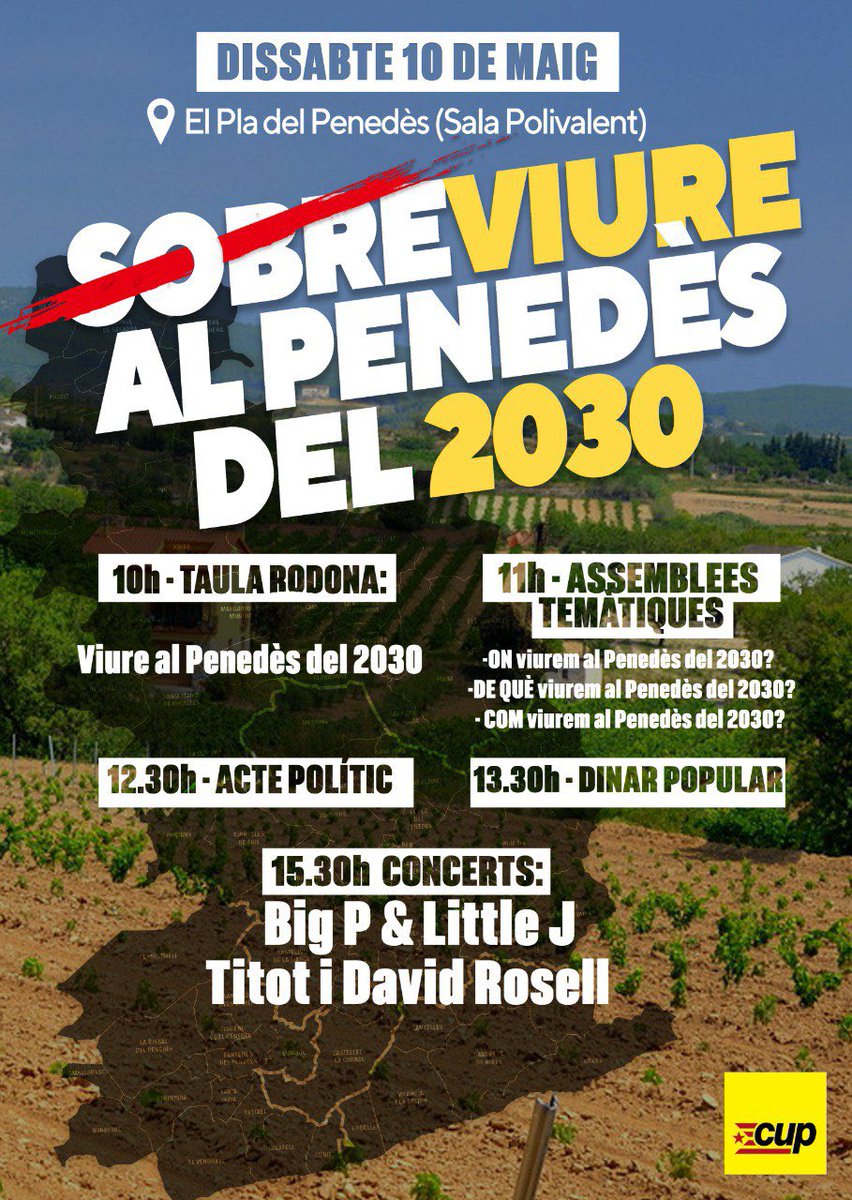🔴 Dissabte 10 de maig, ens trobem al Pla del Penedès per repensar el territori i organitzar-nos pel futur.

📍 Sobreviure al Penedès del 2030
🕙 Debats, dinar popular i concerts 🎶
🌱 Cohesió · Pensament · Acció

🎫 Reserva 👉 docs.google.com/forms/d/e/1FAI…