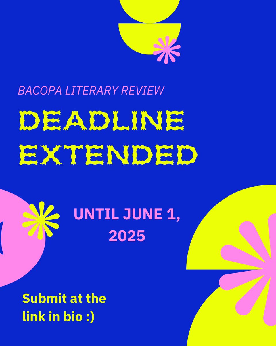 Bacopa Literary Review (@bacopalitreview) on Twitter photo Bacopa Literary Review’s DEADLINE IS EXTENDED until June 1st, 2025 for our annual writing contest! Submit at the link in bio in one of our five categories: Fiction, Creative Nonfiction, Formal Poetry, Free Verse Poetry, or Visual Poetry. $3 fee to submit.
…allianceofgainesville.submittable.com/submit Bacopa Literary Review’s DEADLINE IS EXTENDED until June 1st, 2025 for our annual writing contest! Submit at the link in bio in one of our five categories: Fiction, Creative Nonfiction, Formal Poetry, Free Verse Poetry, or Visual Poetry. $3 fee to submit.
…allianceofgainesville.submittable.com/submit
