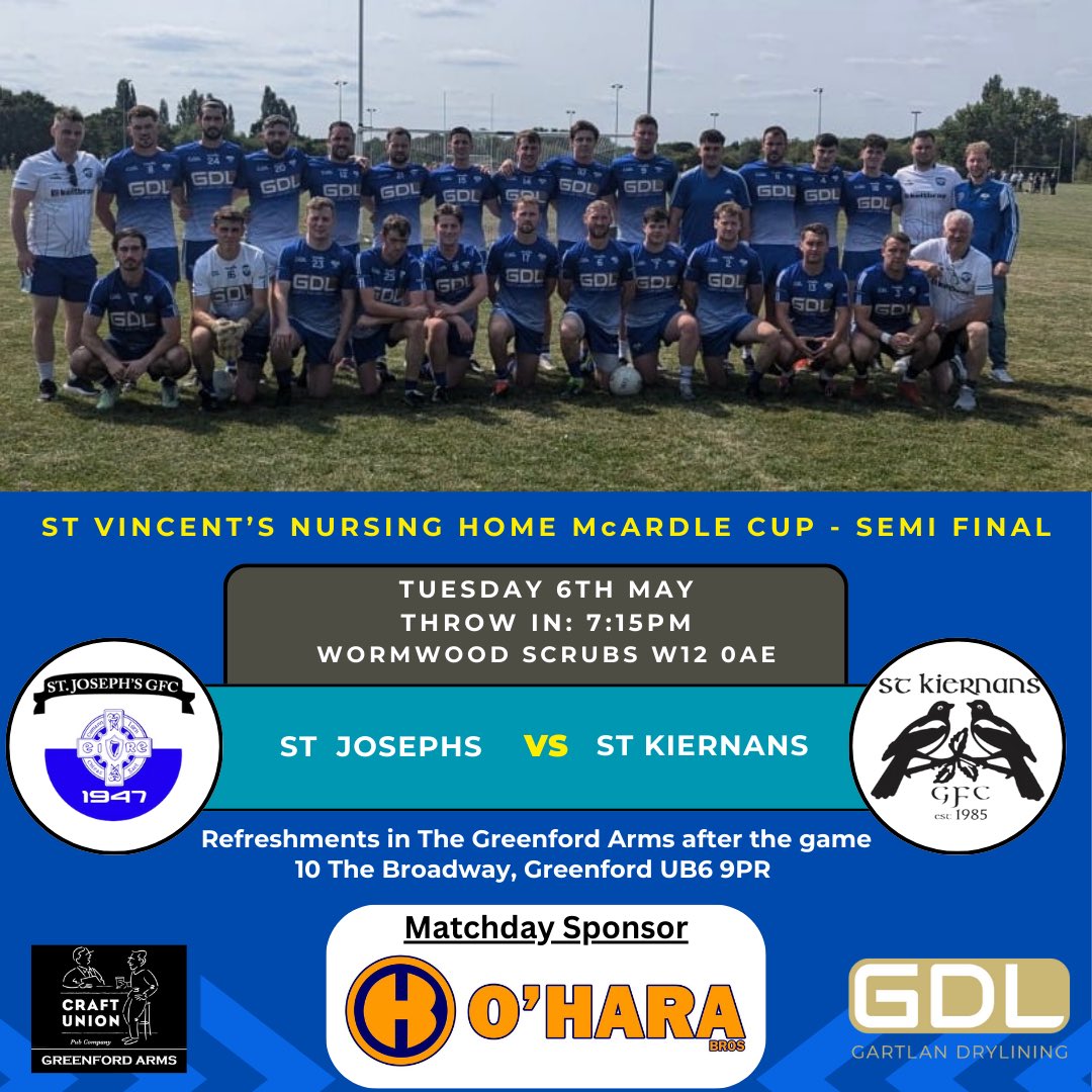 🚨 Fixture 🚨

The lads return to action again tomorrow evening v St Kiernans inthe McArdle Cup semi final

Throw in is at 7:15pm in Wormwood Scrubs W12 0AE

Thanks to our match day sponsor for tomorrows game O’Hara Bros. for their support

Come out &amp; support the lads 🔵⚪️