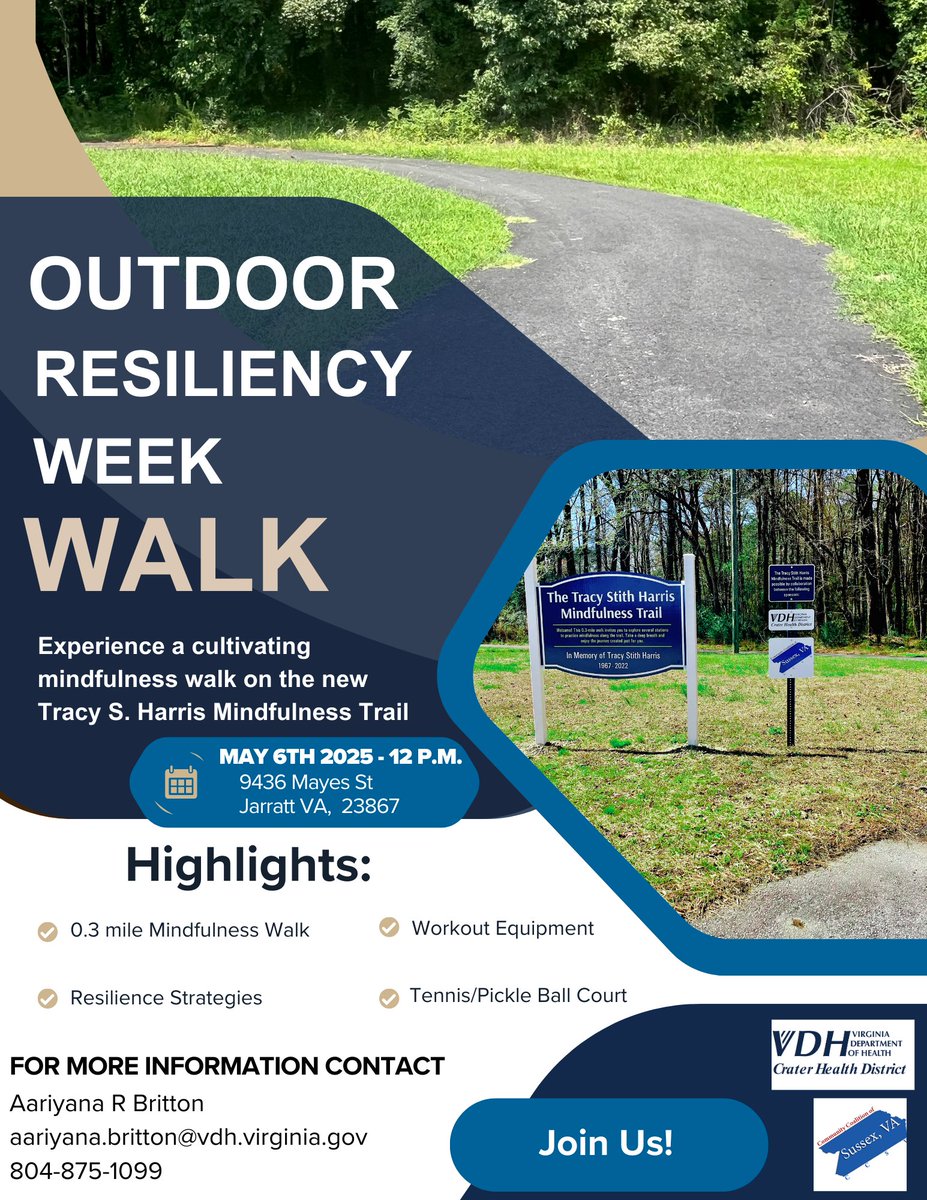 Resilience Week is 5/1-7. Join CHD at noon tomorrow, 5/6, for a mindfulness walk at the Tracy S. Harris Mindfulness Trail (9436 Mayes St, Jarratt, VA). The trail includes workout equipment, tennis/pickleball courts, and built-in strategies to promote resilience &amp; mental wellness.