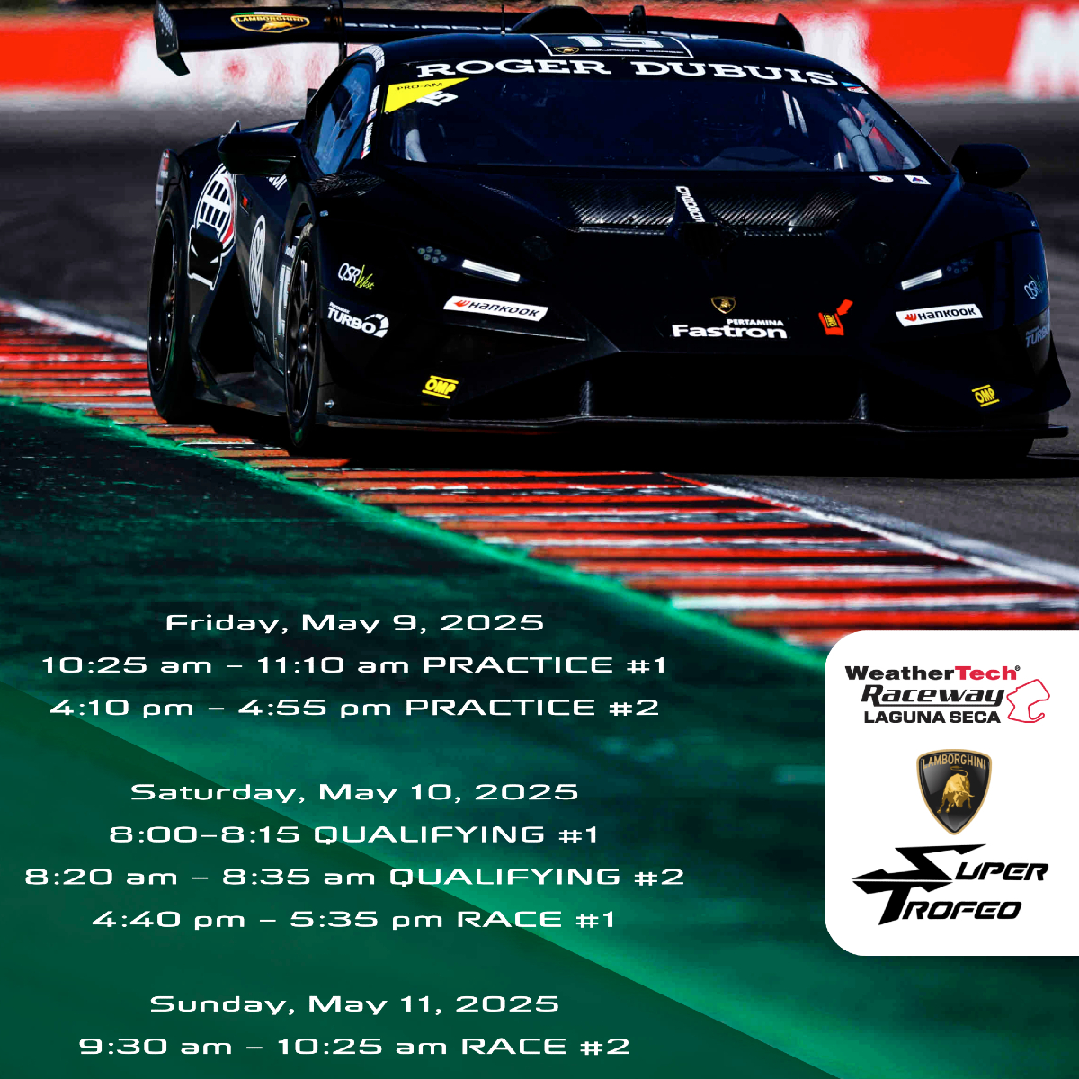 THIS WEEK IN MONTEREY

Friday May 9th
10:25 am - 11:10 am PRACTICE 1 
4:10 pm - 4:55 pm PRACTICE 2 

Saturday May 10th
8:00-8:15 QUALIFYING 1 
8:20 am - 8:35 am QUALIFYING 2
4:40 pm - 5:35 pm RACE 1

Sunday May 11th
9:30 am - 10:25 am RACE 2

Details at: WorldSpeed.com