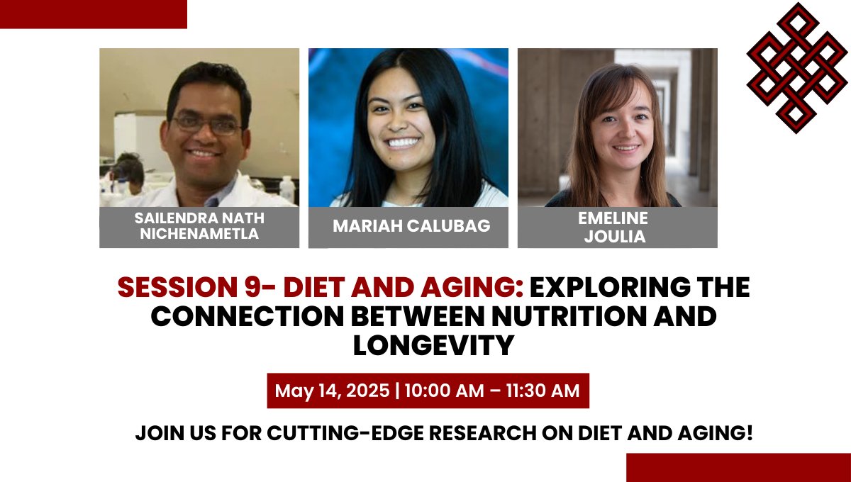 Join us at #AGEAnnualMeeting2025 for Session 9: Diet and Aging on May 14, 2025, 10–11:30 AM at Tikahtnu Ballroom.
Speakers: Sailendra Nath Nichenametla, Daniela Costa, Purbasha Dasgupta, Mariah Calubag, Emeline Joulia
bit.ly/4cJx8Gd
#DietAndAging #AgingResearch
