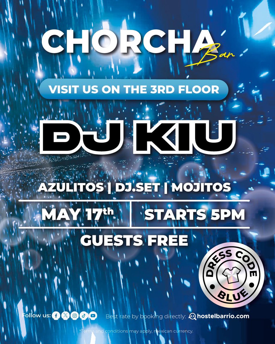 🌐 BLUE PARTY 💙🦋🧞‍♂️
📅 17 / 05 / 2025 • 17:00 hrs
📍 República de Uruguay 33, Downtown Mexico City
🎟️ $50 MXN (free for guests)
🎧 @djkiu_23 
🔵 Dress Code: BLUE