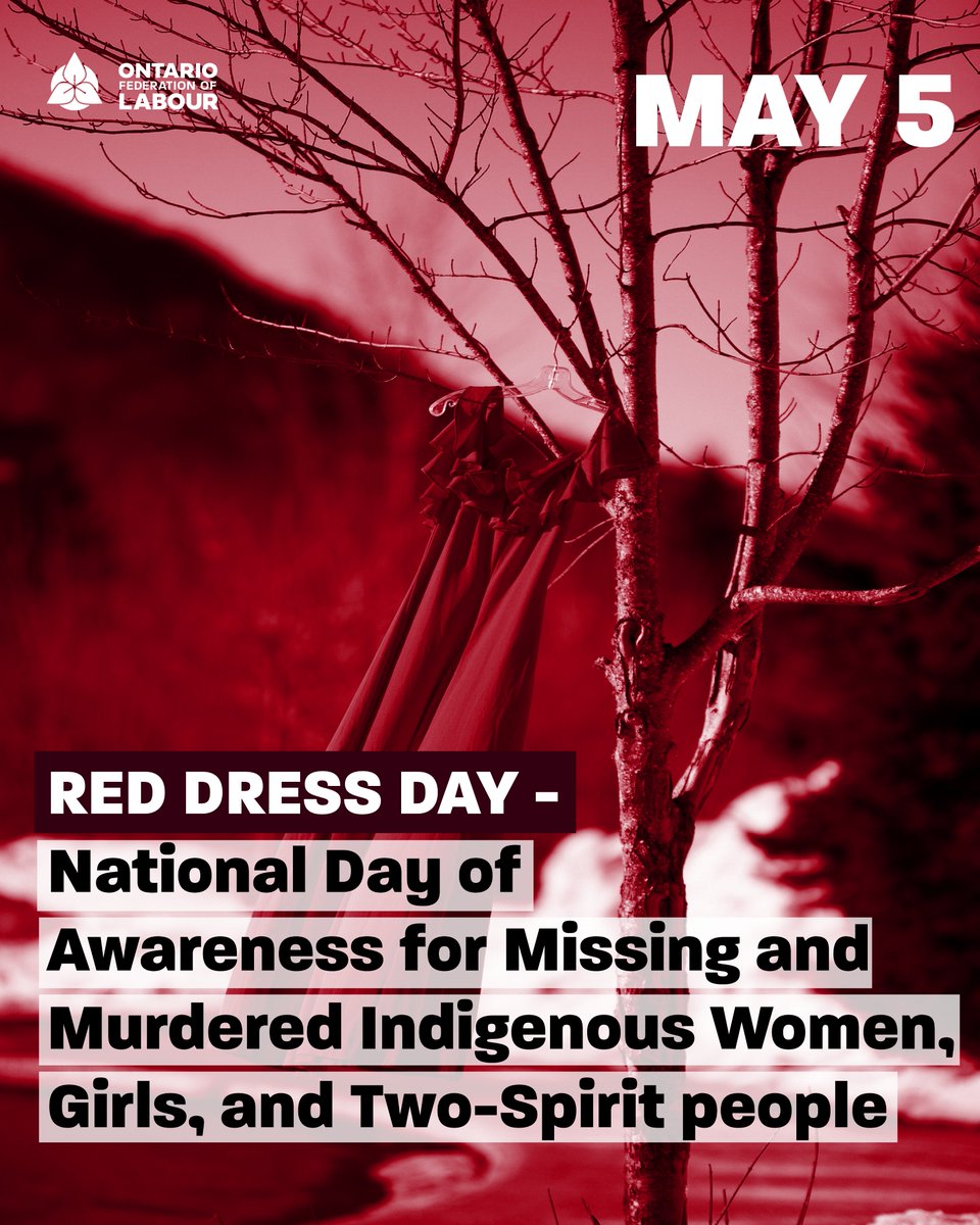 OFLabour's tweet photo. Today is Red Dress Day, the National Day of Awareness for Missing and Murdered Indigenous Women, Girls, and Two-Spirit People (#MMIWG2S). Indigenous women, girls, & 2SLGBTQ+ people are more likely to go missing or be murdered.

We support MP @LeahGazan’s call for a Red Dress Alert - a system like an Amber Alert.
Tell Ontario MPPs to act now! 
Take Action: https://t.co/T2dRKyOkPX