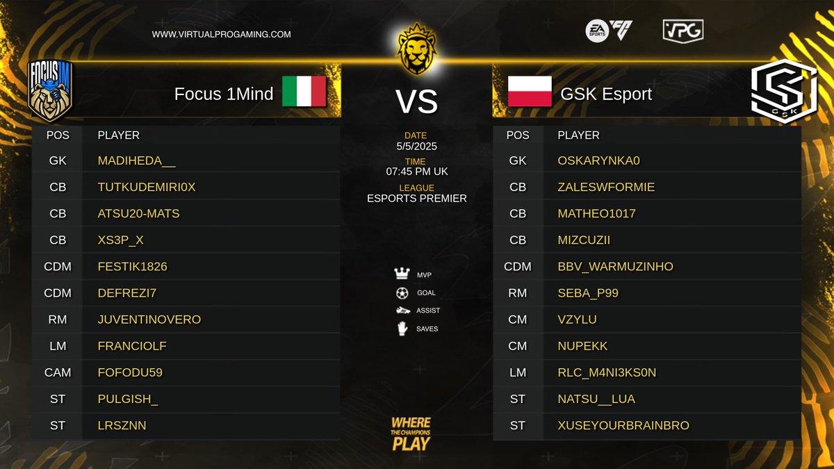 Virtual Pro Gaming (@officialvpg) on Twitter photo ๐ฅ Competitive 11v11 Clubs
โฝ๏ธ <a href="/EASPORTSFC/">EA SPORTS FC</a>
๐ <a href="/VPGUK/">VPG UK Leagues</a> Premier ๐ฌ๐ง
๐
Monday 5th May!
๐๏ธ Presented by <a href="/proclubs_weekly/">Pro Clubs Weekly</a>
<a href="/FocusVFC/">Focus</a> ๐ <a href="/GSK_Esport_/">GSK Esport</a>
๐บ Live at 8pm UK - youtube.com/virtualprogamiโฆ
๐ฅ Focus XI ๐ฎ๐น
<a href="/xWand_MP/">Madiheda-</a>
<a href="/Xs3Phir0th/">xS3Phir0th</a>
<a href="/Atsuhito_20/">Mats Atsu</a>
<a href="/tutkudemirI0/">Tutku Demir</a>
<a href="/InsideFrezeer/">InsideFrezeR</a> ๐ฅ Competitive 11v11 Clubs
โฝ๏ธ <a href="/EASPORTSFC/">EA SPORTS FC</a>
๐ <a href="/VPGUK/">VPG UK Leagues</a> Premier ๐ฌ๐ง
๐
Monday 5th May!
๐๏ธ Presented by <a href="/proclubs_weekly/">Pro Clubs Weekly</a>
<a href="/FocusVFC/">Focus</a> ๐ <a href="/GSK_Esport_/">GSK Esport</a>
๐บ Live at 8pm UK - youtube.com/virtualprogamiโฆ
๐ฅ Focus XI ๐ฎ๐น
<a href="/xWand_MP/">Madiheda-</a>
<a href="/Xs3Phir0th/">xS3Phir0th</a>
<a href="/Atsuhito_20/">Mats Atsu</a>
<a href="/tutkudemirI0/">Tutku Demir</a>
<a href="/InsideFrezeer/">InsideFrezeR</a>