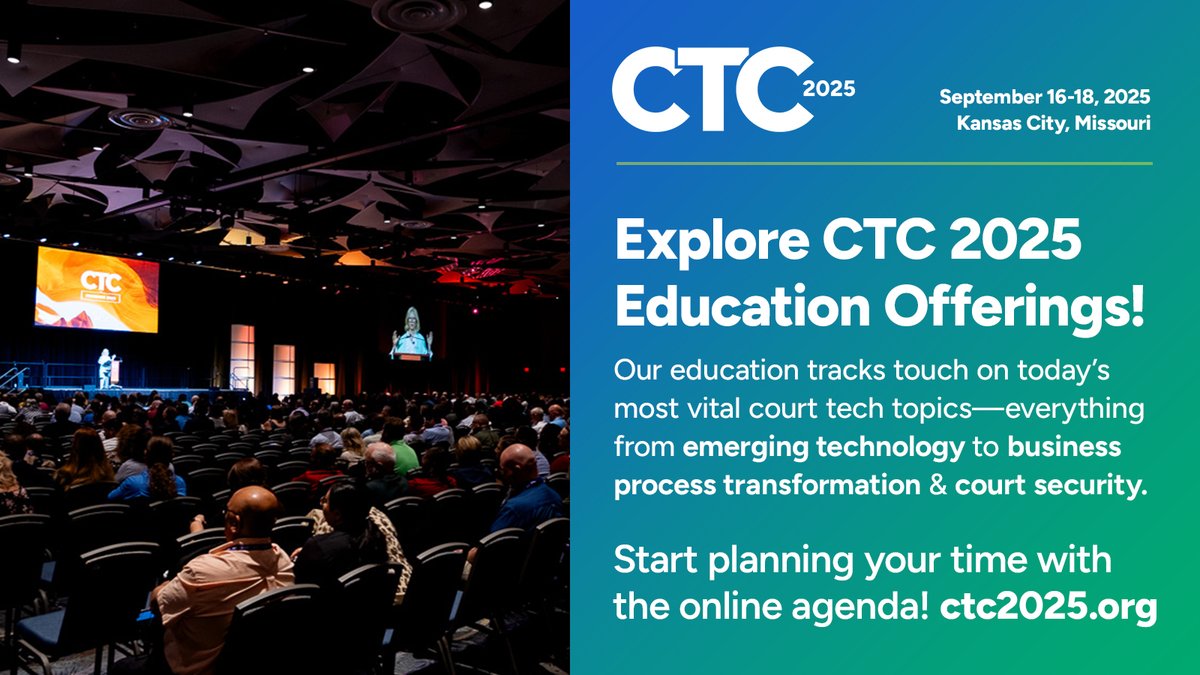 StateCourts's tweet image. The #CTC2025 agenda is now live! Get ready for 2.5 days of dynamic sessions focused on the intersection of justice and technology. From #AI to emerging #CourtTech, we’ve got it all.

Explore the agenda and start mapping out your conference game plan today!
courttechnologyconference.org/agenda/
