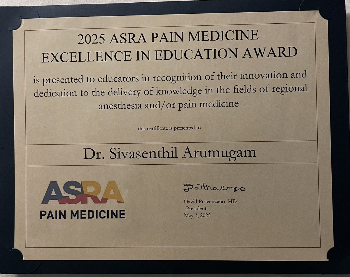 Siva Arumugam, MD, FASA (@siva6faces) on Twitter photo Honored, stoked and humbled by “Excellence in Education “ award from <a href="/ASRA_Society/">ASRA Pain Medicine</a> #ASRASPRING25 #ASRA50
🙏🏽Thanks <a href="/Ropivacaine/">Dr. Vishal Uppal MBBS, FRCA 🇨🇦🇮🇳🏴</a> <a href="/DProvenzanoMD/">David Provenzano, MD</a> for the pat on the back
🙏🏽Thankful to the <a href="/ASRAPM_Ex_Dir/">Elizabeth Smith</a> & staff for all the help
🙏🏽Thanks to my teachers and residents Honored, stoked and humbled by “Excellence in Education “ award from <a href="/ASRA_Society/">ASRA Pain Medicine</a> #ASRASPRING25 #ASRA50
🙏🏽Thanks <a href="/Ropivacaine/">Dr. Vishal Uppal MBBS, FRCA 🇨🇦🇮🇳🏴</a> <a href="/DProvenzanoMD/">David Provenzano, MD</a> for the pat on the back
🙏🏽Thankful to the <a href="/ASRAPM_Ex_Dir/">Elizabeth Smith</a> & staff for all the help
🙏🏽Thanks to my teachers and residents