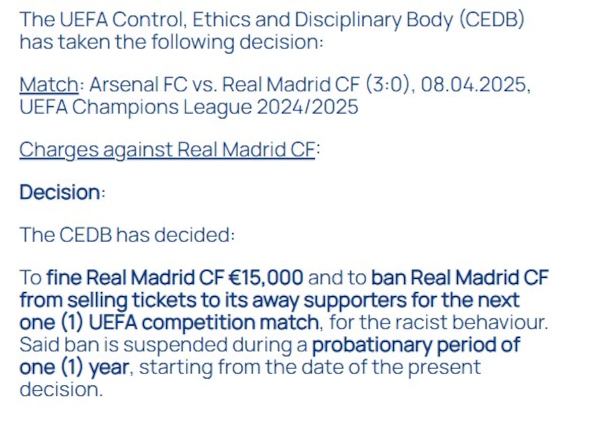 🚨 BREAKING: UEFA have fined Real Madrid €15,000 for the racist attitude of the Real Madrid fans at the Emirates Stadium in London.

In addition, UEFA Committee has decided to ban the sale of tickets to Real Madrid fans for the next away game that Real Madrid will play in UEFA