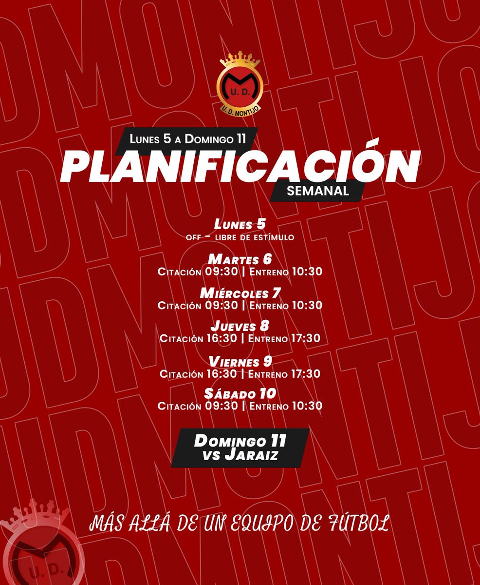 ⚫️🔴 Planificación semanal

Domingo 11 | 18:00hs
Jaraiz vs UDM