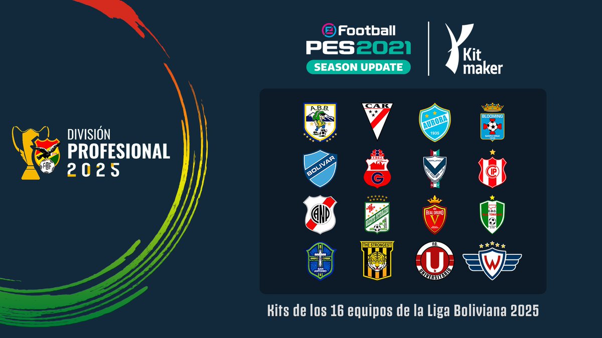Y_Kitmaker's tweet photo. Kits Liga Boliviana 2025 - PES 2021
- Cada equipo cuenta con 3 kits Gk-P1-P2
algunos con 3ro y 4to kit
- Consulta como adquirirlos al WhatsApp
https://t.co/Yz690M8jmK
#KitsPes2021 #eFootball #FBF #Bolivia #Y_Kitmaker
#Pes2021 #eFootball2025 https://t.co/APuHoVPnU9