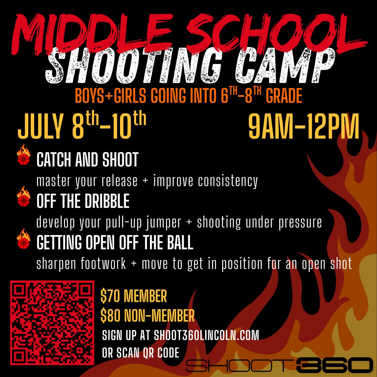 🔥 MIDDLE SCHOOL HOOPERS 🔥

📍 Shoot 360 Lincoln | July 8–10 | ⏰ 9AM–12PM

Sign Up NOW for our Middle School Shooting Camp! 🏀 *with several members already signed up, spots are limited*

#Shoot360Lincoln #ShootingCamp #BasketballTraining #MiddleSchoolHoops  #BetterFaster