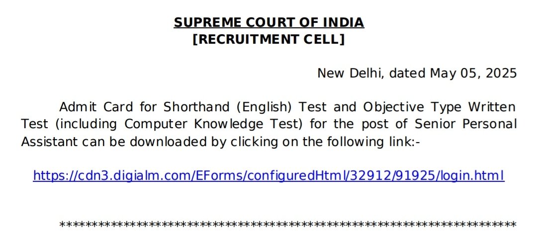 h_pongilath's tweet image. Admit Card for Shorthand (English) Test &amp;amp; Objective Type Written Test (including Computer Knowledge Test) for the post of “Senior Personal Assistant” can be downloaded by clicking on the following link👇
cdn3.digialm.com/EForms/configu… 
#SupremeCourt #computerknowledge #shorthand