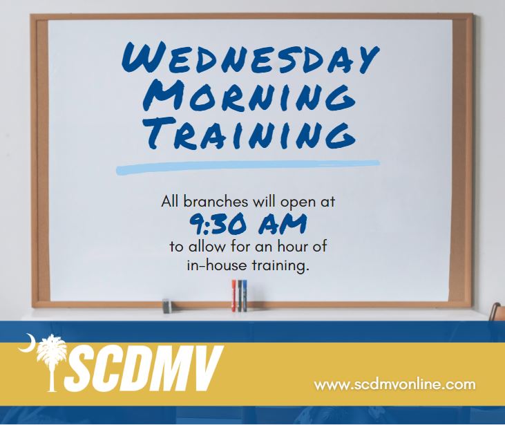 It's Wednesday Morning Training at the #SCDMV!
All branches will open at 9:30 a.m. Get ahead of your visit by downloading forms from our website, scdmvonline.com/Forms-And-Manu…
#SCDMVonline #scdmvtraining