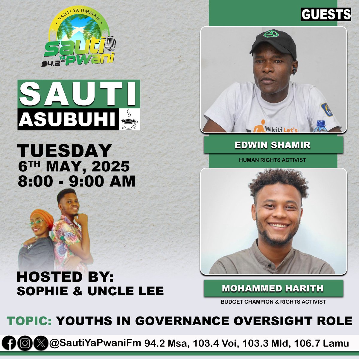 Tomorrow, <a href="/MohamedHarith/">Mohamed Harith</a> &amp; I will be hosted at @SautiYaPwani to talk about the failure by <a href="/MombasaCountyKe/">Mombasa County</a> not involving the public on the county budget estimates &amp; what transpired during the visit at the county assembly last week Friday. Let's walk this journey together 💪🏿