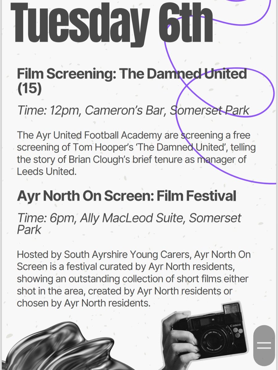 theirisayr's tweet image. Film day Tues for the Wallacetown Community Arts Festival
🎟The Damned United kicks things off with @AyrUtdAcademy
#ageingwell
🎬Ayr North on Screen, 6pm hosted by South Ayrshire Young Carers #SAYoungCarers
@WallacetownH
🥳🥳🎬🎟📽❤️
Tickets are FREE at theirisayr.com