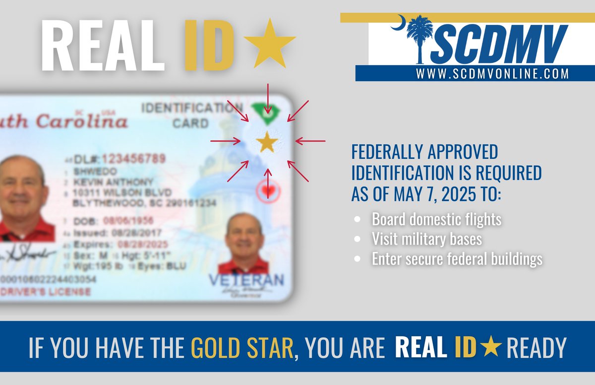 REAL IDs are being enforced as of May 7 to board domestic flights, enter secure federal buildings, and visit military installations. If you have the REAL ID⭐ gold star, then you're good to go! 
Find out what you need and learn more at: sc.accessgov.com/motorvehicles/…