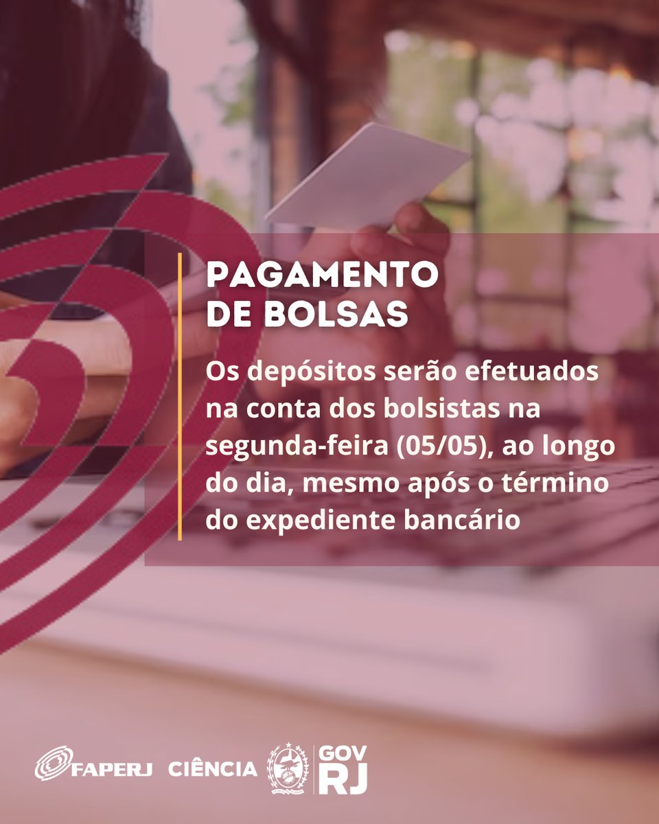 A FAPERJ e a SECTI-RJ informam que o pagamento das bolsas referentes a abril caiu hoje na conta dos bolsistas.