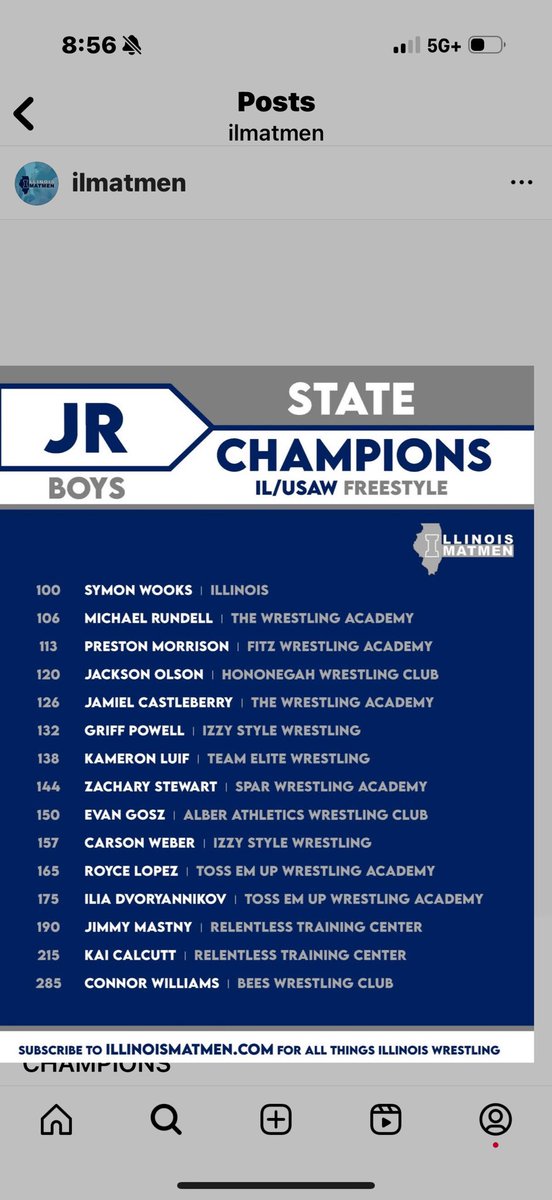 Congratulations to Griff Powell for winning the 132 pound State Freestyle Championship this past weekend which automatically places him on the Illinois State Freestyle team and qualifies him for the National Tournament in Fargo, ND! Great job!