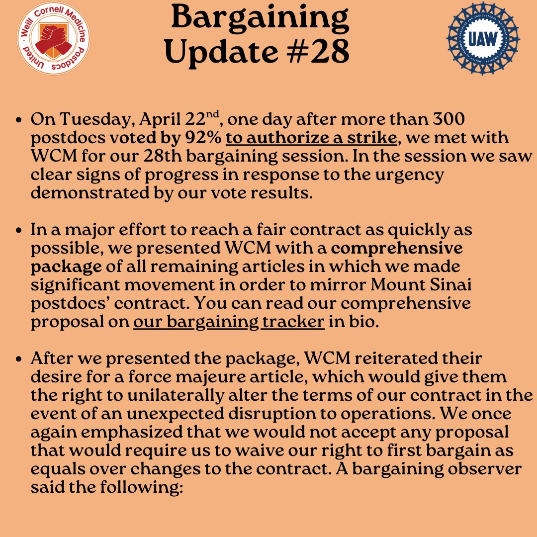 WCMPostdocUnion's tweet image. Update from April 22nd bargaining session.
Please join us tomorrow for our next bargaining session tomorrow on May 6th from 12:00 to 4:00 PM. Details in bio. #faircontractnow✊