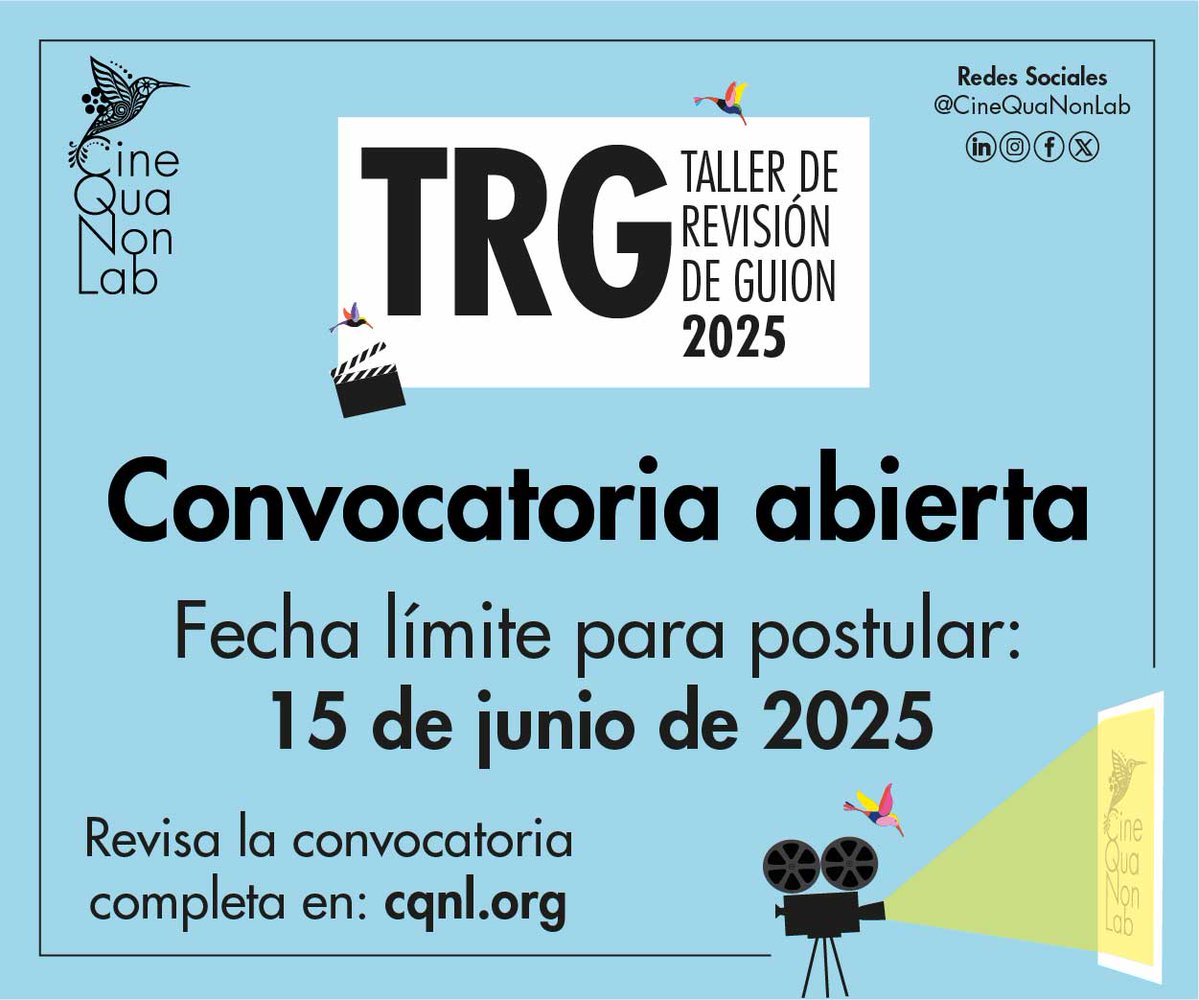 🎬 ¿Tienes una historia que quieres convertir en cine?
Ya está abierta la convocatoria para el Taller de Revisión de Guion 2025.
📍12–26 nov | Tzintzuntzan, Michoacán
Consulta las bases: cqnl.org/es/taller-revi…

#TRG2025 #TGRCQNL #CQNLFAMILY #EscribeCine